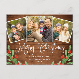 クリスマス素朴ウッド3フォトグリーティングホリデー ポストカード