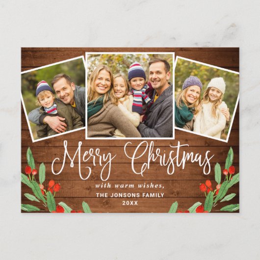 クリスマス素朴ウッド3フォトグリーティングホリデー ポストカード (正面)