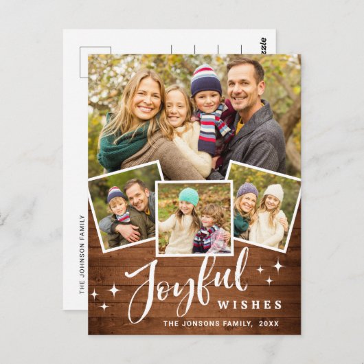 クリスマス素朴ウッド4フォトグリーティングホリデー ポストカード (正面/裏面)