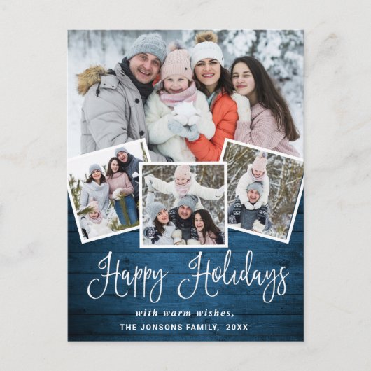 クリスマス素朴ウッド4フォトグリーティングホリデー ポストカード (正面)