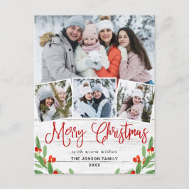 クリスマス素朴ウッド4フォトグリーティングホリデー ポストカード