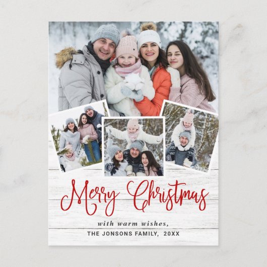 クリスマス素朴ウッド4フォトグリーティングホリデー ポストカード (正面)