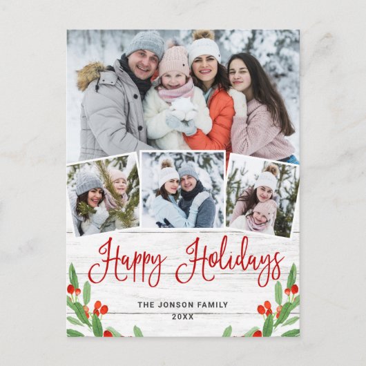 クリスマス素朴ウッド4フォトグリーティングホリデー ポストカード (正面)