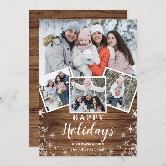 クリスマス素朴ウッド4写真グリーティングQRコード シーズンカード (正面/裏面)