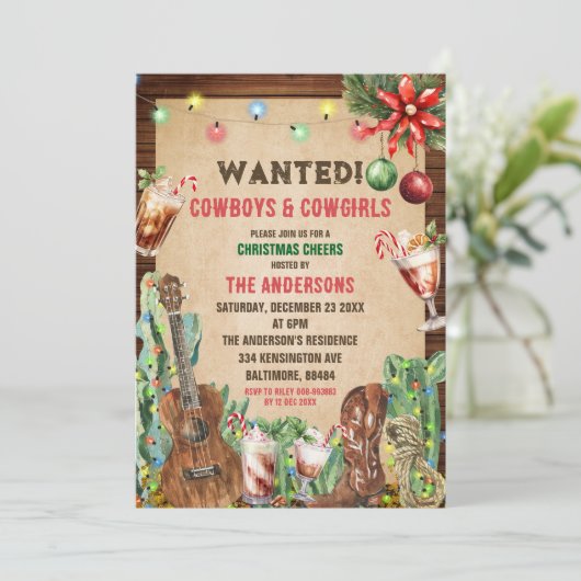 クリスマス素朴カウボーイ女性のカーボーイクリスマスパーティー 招待状 (スタンド正面)
