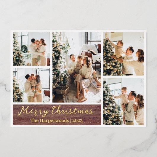 クリスマス素朴トナカイ家族の写真コラージュ 箔シーズンカード (正面)