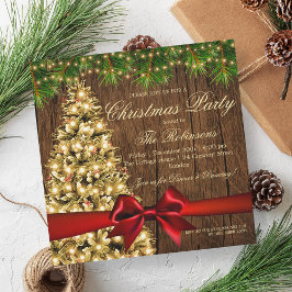 クリスマス素朴パーティー | クリスマスツリー&レッドリボン 招待状