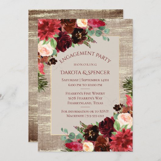 クリスマス素朴ブルゴーニュ金ゴールド婚約パーティ 招待状 (正面/裏面)