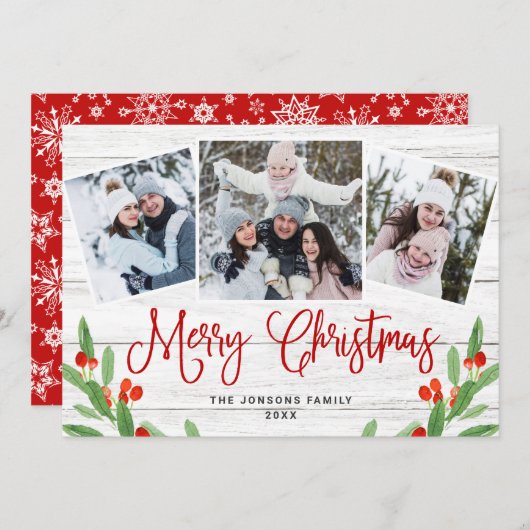 クリスマス素朴ホワイトウッド3 PHOTO Greeting シーズンカード (正面/裏面)