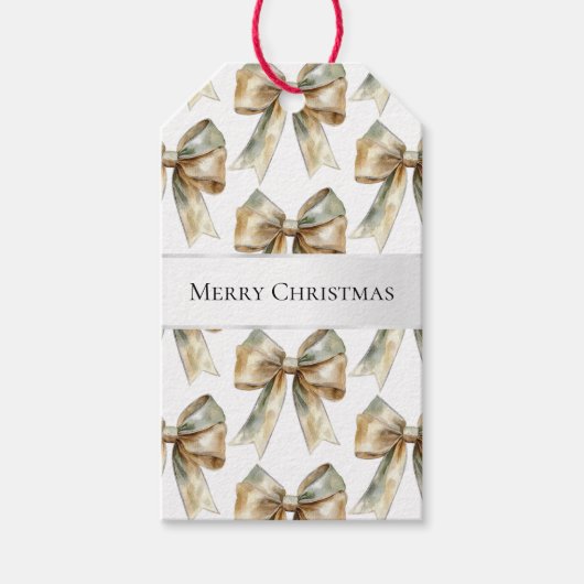 クリスマス素朴ホワイトグリーン金ゴールド弓 ギフトタグ (正面)