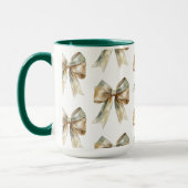 クリスマス素朴ホワイトグリーン金ゴールド弓 マグカップ (左)