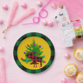 クリスマス素朴ムース、木、緑のバッファローのプレイド ペーパープレート (パーティー)