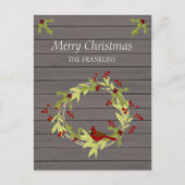 クリスマス素朴リースと甘い鳥を持つ木材 シーズンポストカード (正面)