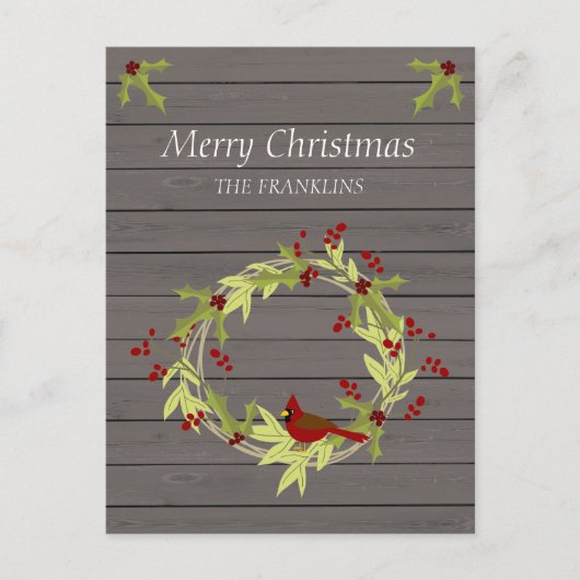 クリスマス素朴リースと甘い鳥を持つ木材 シーズンポストカード (正面)