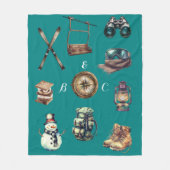 クリスマス素朴ヴィンテージスキーカップルイニシャルティール（緑がかった色） フリースブランケット (正面)