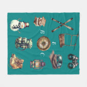 クリスマス素朴ヴィンテージスキーカップルイニシャルティール（緑がかった色） フリースブランケット (正面(横))