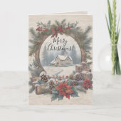 クリスマス素朴ヴィンテージパインリース家族の写真 サンキューカード (正面)