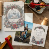 クリスマス素朴ヴィンテージパインリース家族の写真 サンキューカード