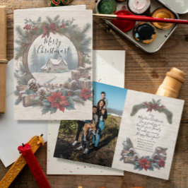 クリスマス素朴ヴィンテージパインリース家族の写真 サンキューカード