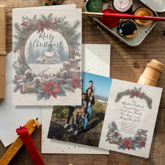 クリスマス素朴ヴィンテージパインリース家族の写真 サンキューカード