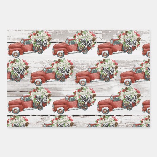 クリスマス素朴ヴィンテージレッドトラック風化木材 ラッピングペーパーシート (正面)