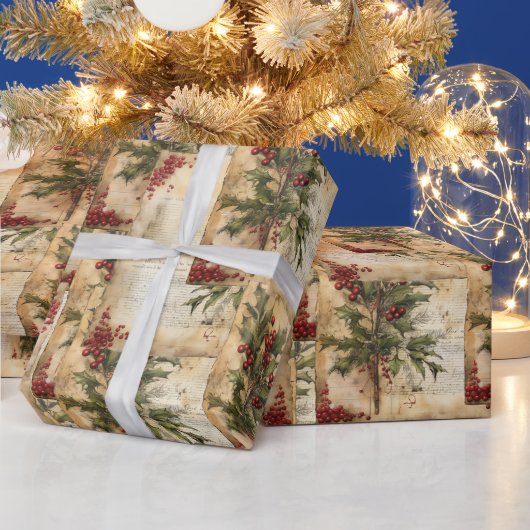 クリスマス素朴ヴィンテージ紙ホリーレッドベリー ラッピングペーパー (クリスマス)