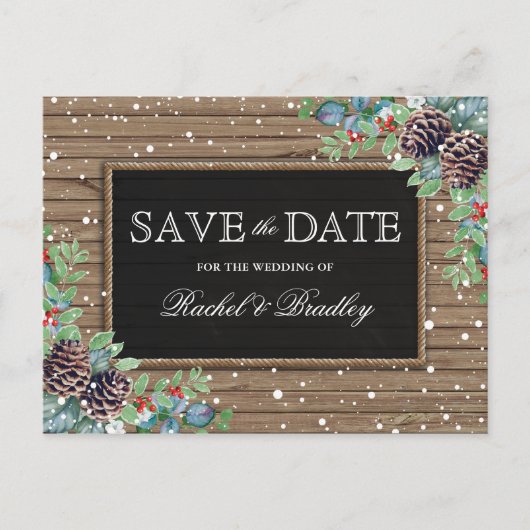 クリスマス素朴冬季結婚式の日付を保存 案内ポストカード (正面)