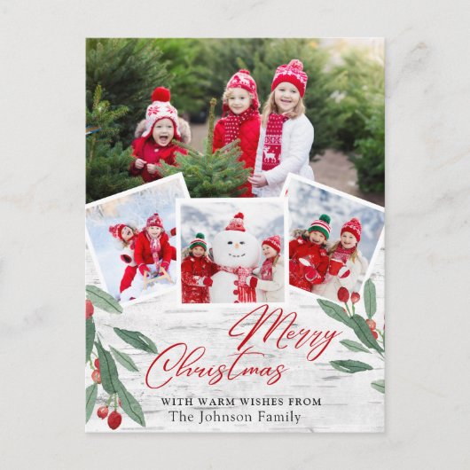 クリスマス素朴樺の木バークフォトホリデーグリーティング ポストカード (正面)