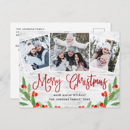 クリスマス素朴樺の木3 PHOTOグリーティングホリデー ポストカード (正面/裏面)