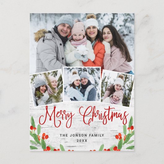 クリスマス素朴樺の木4フォトグリーティングホリデー ポストカード (正面)