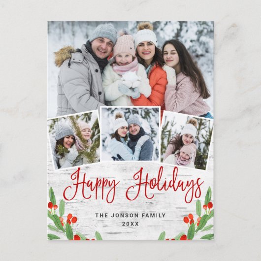 クリスマス素朴樺の木4フォトグリーティングホリデー ポストカード (正面)