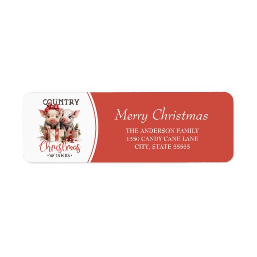 クリスマス素朴祝いの田舎者、かわいい豚を望む ラベル (正面)