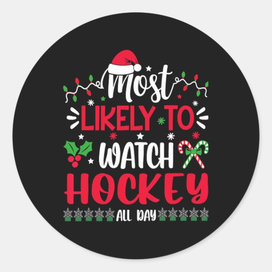 クリスマス終日ホッケーを見る可能性が最も高い ラウンドシール (正面)