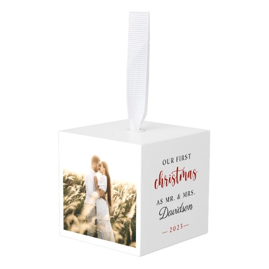 クリスマス結婚したの最初の結婚写真 キューブオーナメント (正面アングル)
