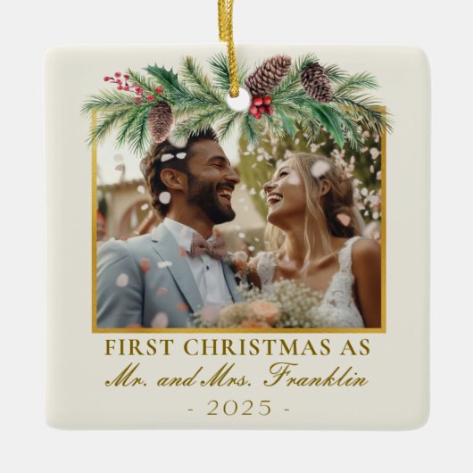 クリスマス結婚したフェスティバル写真 セラミックオーナメント (正面)