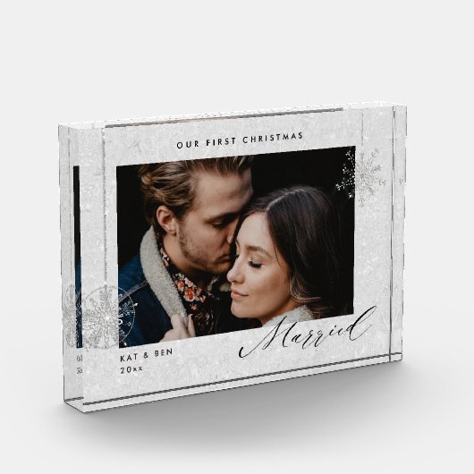 クリスマス結婚したホワイトスパークルモダンギフト フォトブロック (左)