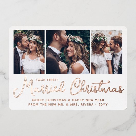 クリスマス結婚した初の結婚写真コラージュ 箔シーズンカード (正面)