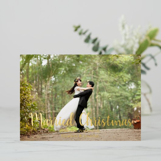 クリスマス結婚した新エレガント婚の写真 箔シーズンカード (立ち正面)
