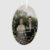 クリスマス結婚した流行時の写真金ゴールドの葉 オーナメント (正面)