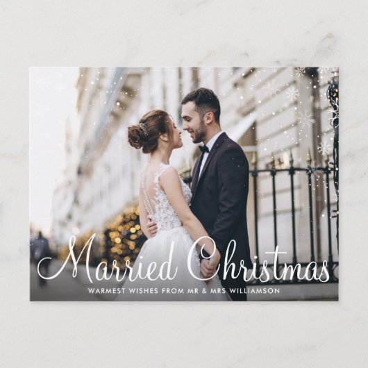 クリスマス結婚した | 白いスクリプトの写真 ポストカード (正面)