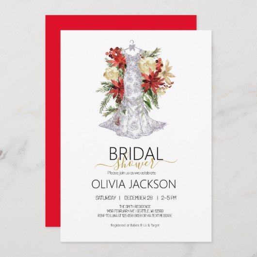 クリスマス結婚のドレスのブライダルシャワー招待 シーズンカード (正面/裏面)