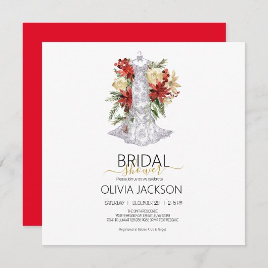 クリスマス結婚のドレスのブライダルシャワー招待 招待状 (正面/裏面)