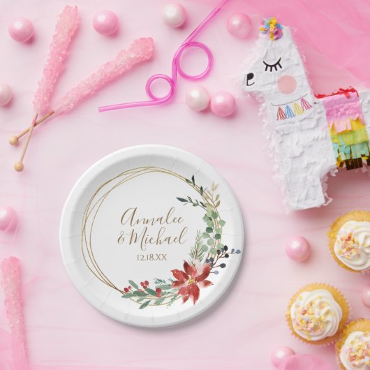 クリスマス結婚のポインセチア緑の水色 ペーパープレート (パーティー)