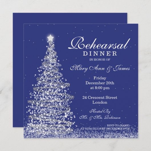 クリスマス結婚のリハーサルディナーシルバー海軍 招待状 (正面/裏面)