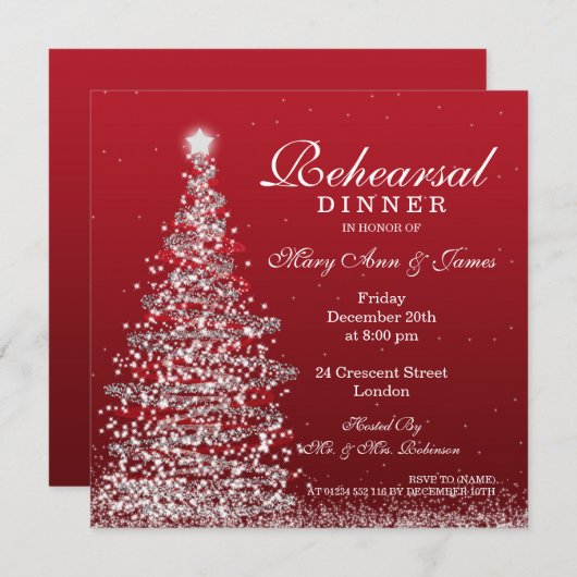 クリスマス結婚のリハーサルディナーレッドシルバー 招待状 (正面/裏面)