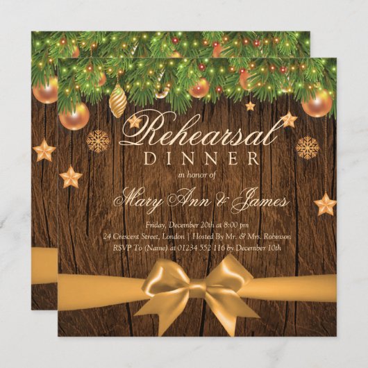 クリスマス結婚のリハーサルディナー金ゴールドデコール 招待状 (正面/裏面)