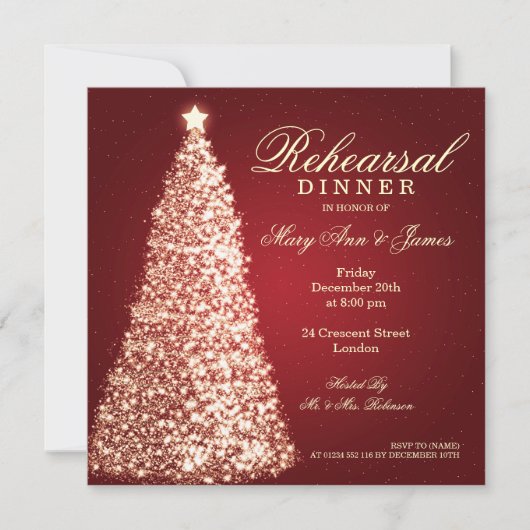 クリスマス結婚のリハーサルディナー金ゴールド赤 招待状 (正面)