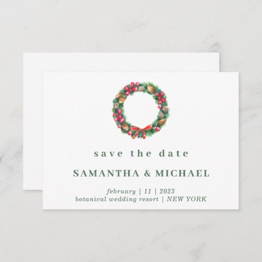 クリスマス結婚の冬のオーナメントの森救の日付 招待状 (正面/裏面)