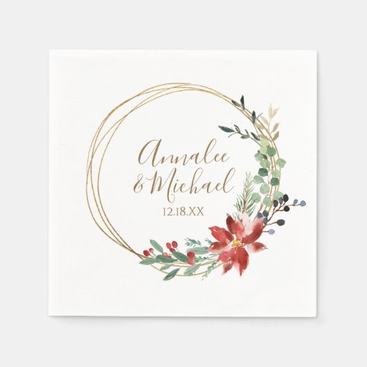 クリスマス結婚の冬のモダンリース赤 スタンダードカクテルナプキン (正面)