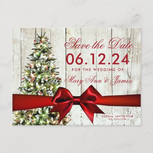 クリスマス結婚の日救付けのクリスマスツリーリボン 案内ポストカード (正面)